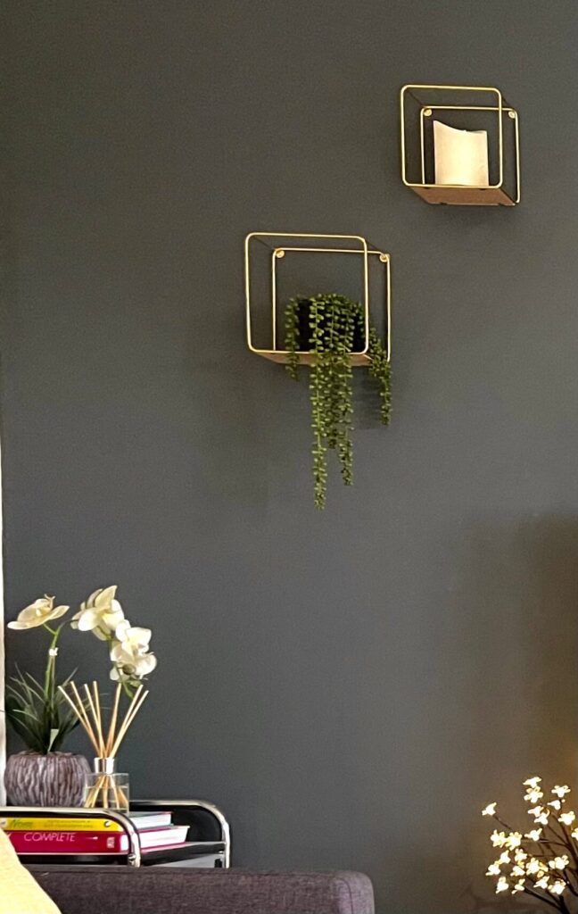 Floating shelves with candle and falling plant