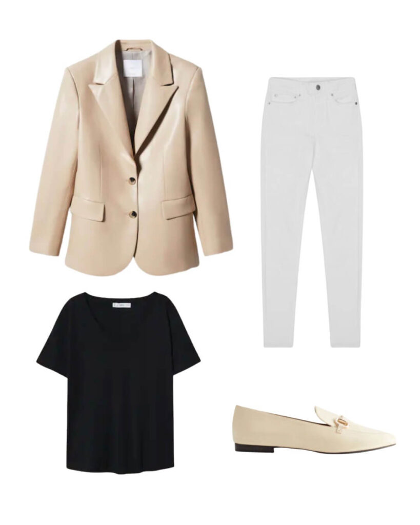 a cream leather jacket with white jeans and a black t-shirt and loafers