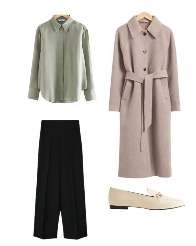 a smart casual outfit with a wool coat and green shirt and white loafers and black trousers