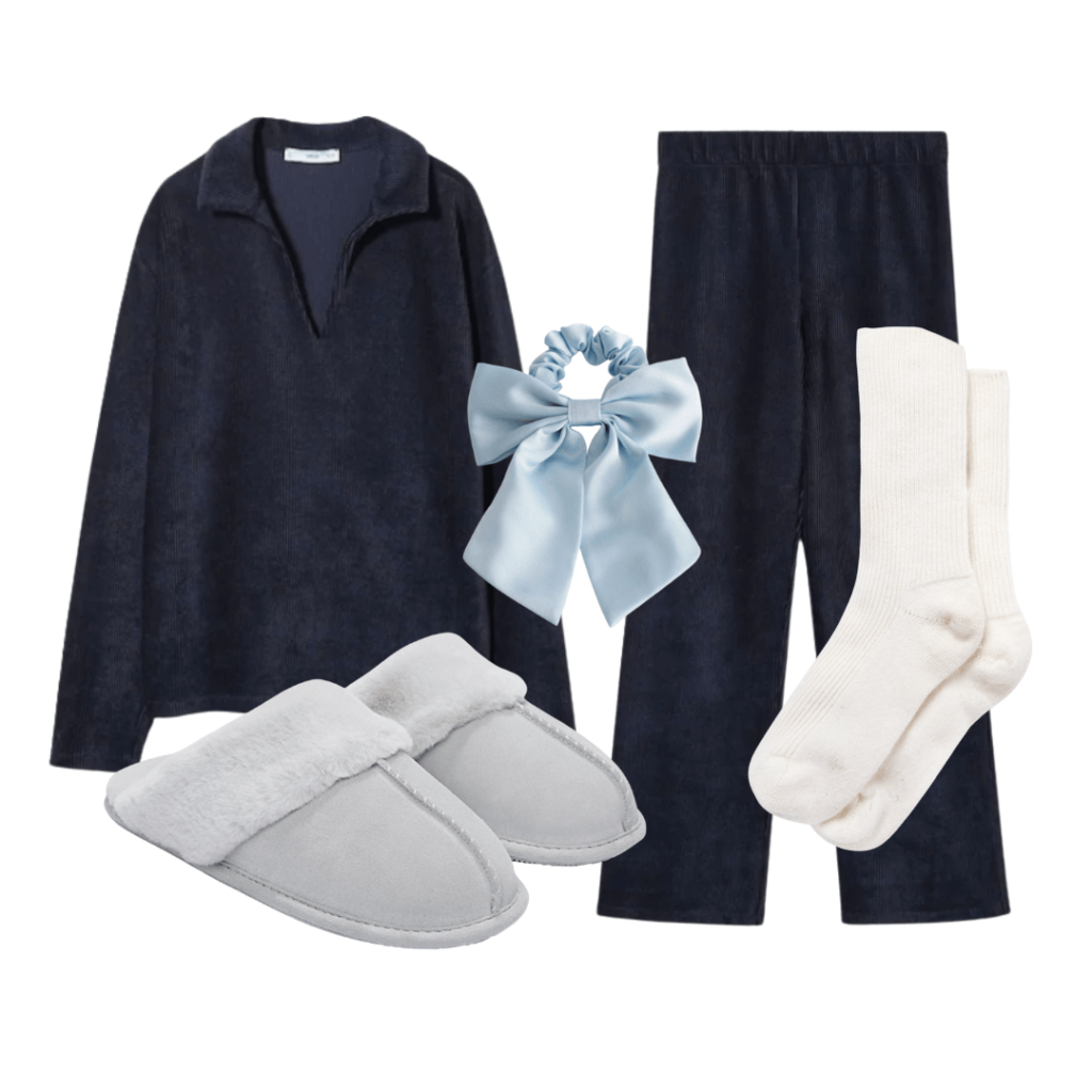 a silk blow with cashmere socks and slippers and blue and corduroy top and trousers