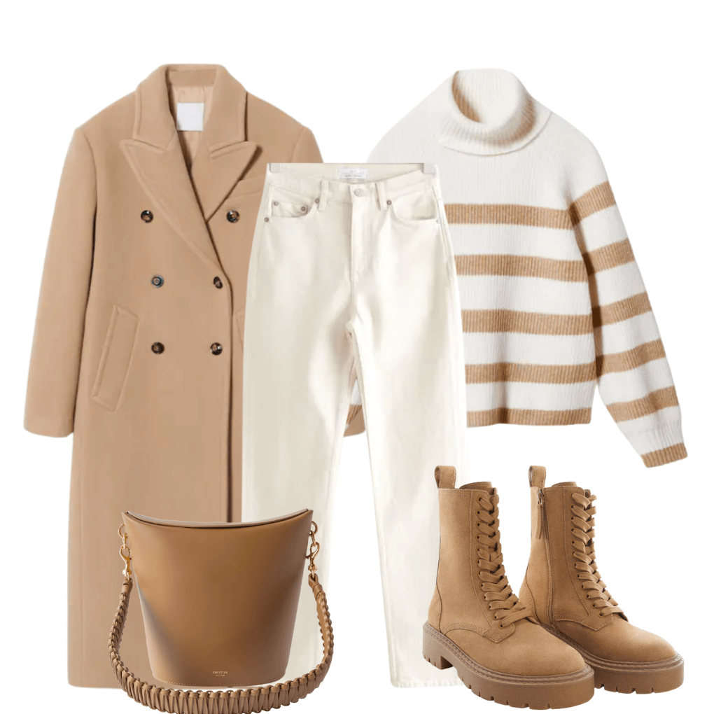 a beige coat with a white stripy shirt, white jeans and brown boots and a brown bag