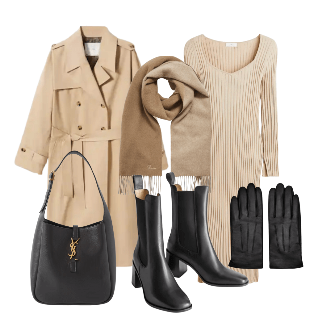 a nude trench coat, a nude dress, camel scarf, black boots and black tote bag