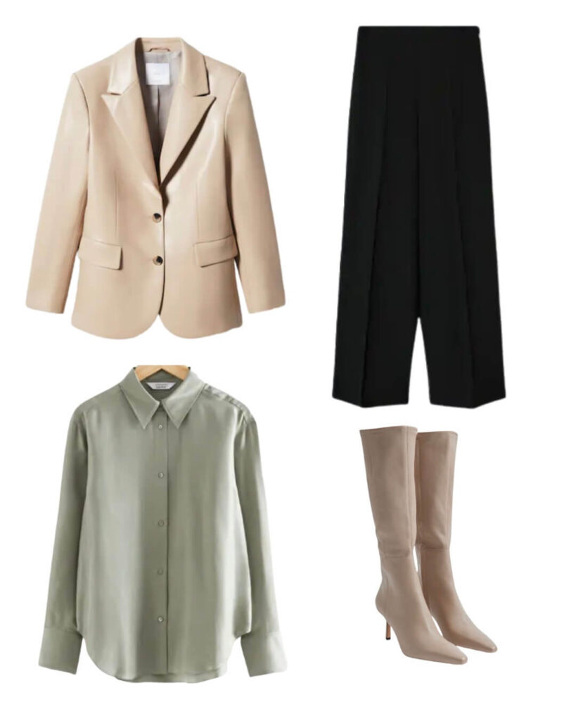 heeled boots with black trousers and a green shirt and blazer