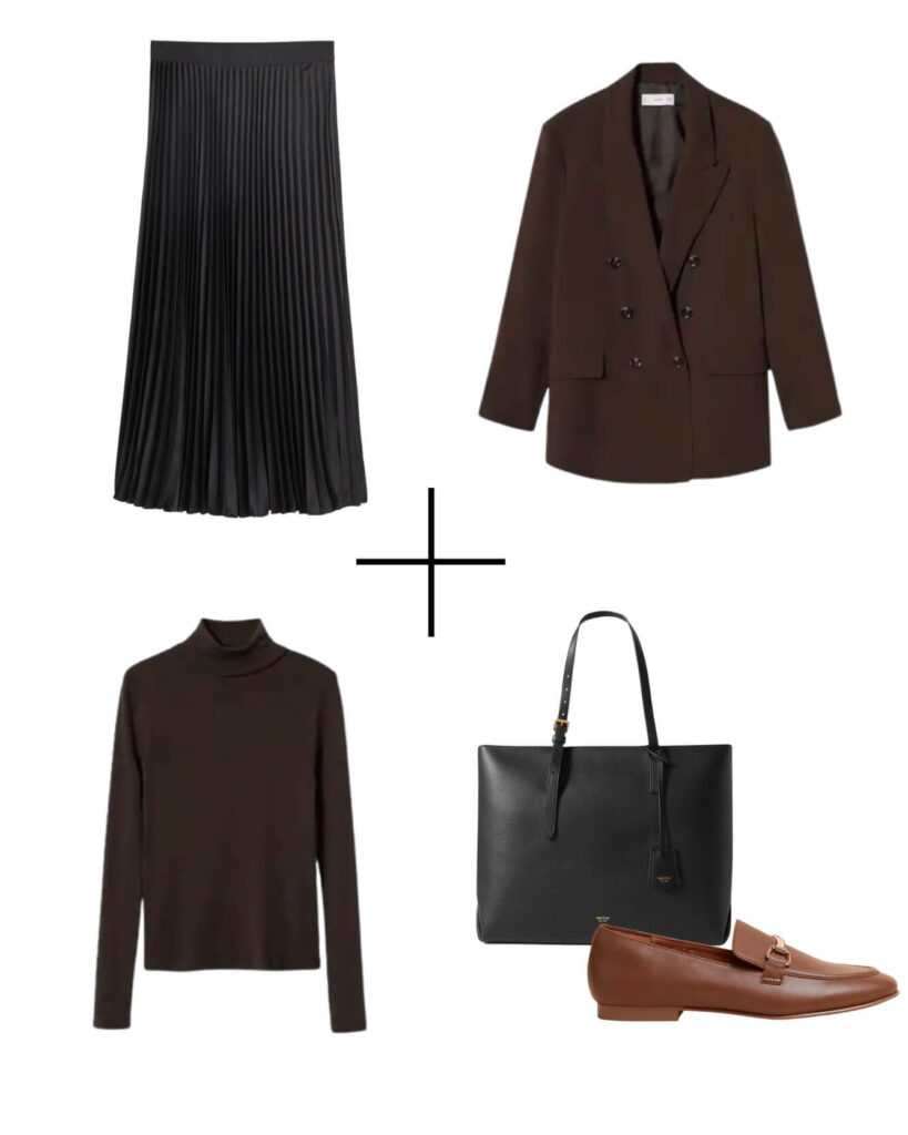 a black midi skirt and a brown blazer and a brown polo and a black bag and brown loafers