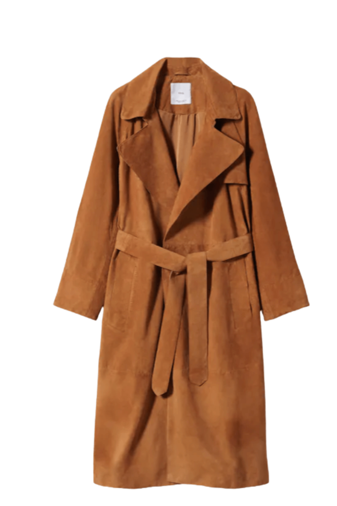 a picture of a leather trench coat