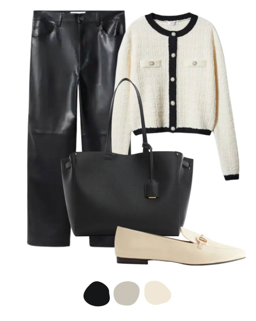 leather trousers with a cardigan and bag and loafers