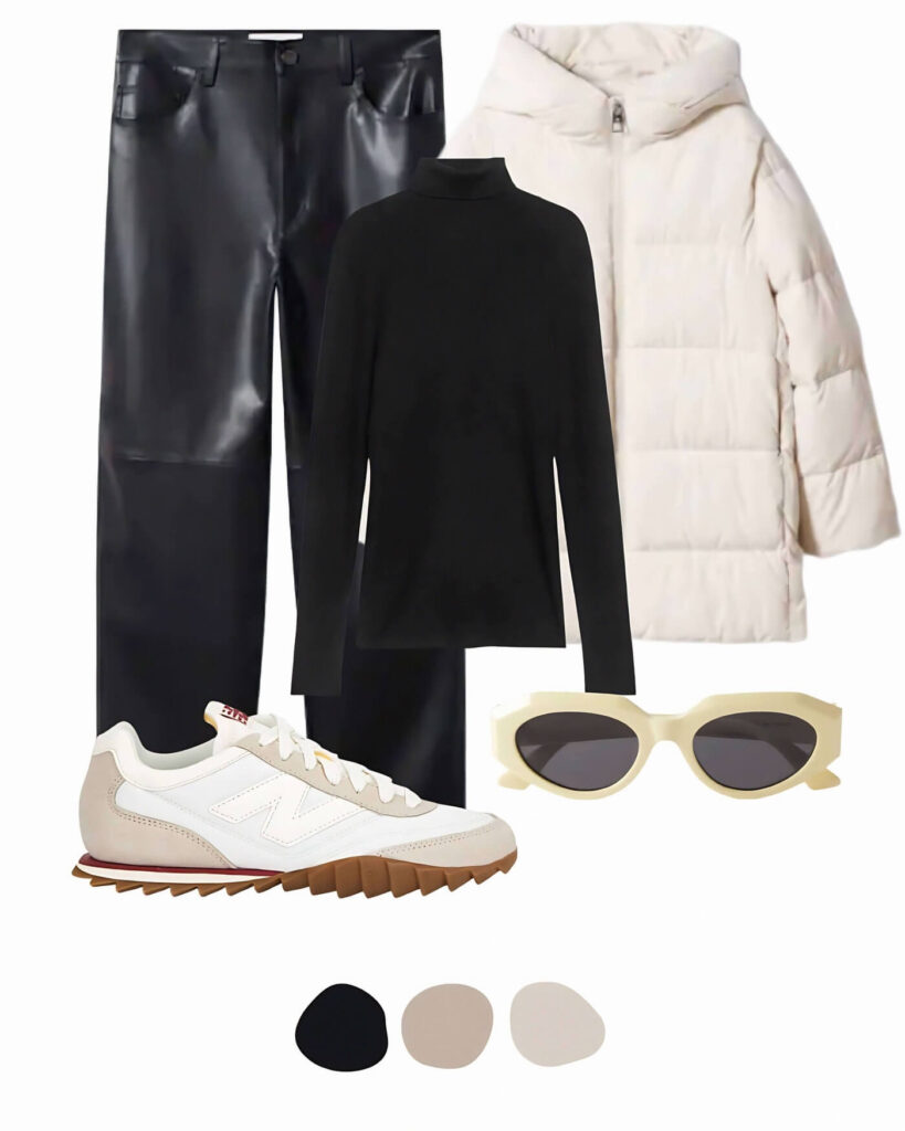 a coat with a rollneck and sunglasses and trainers