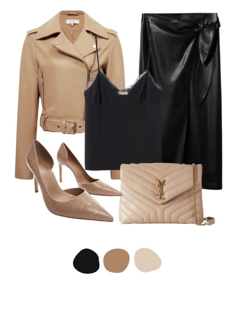 a leather jacket with heels and a bag with a vest top