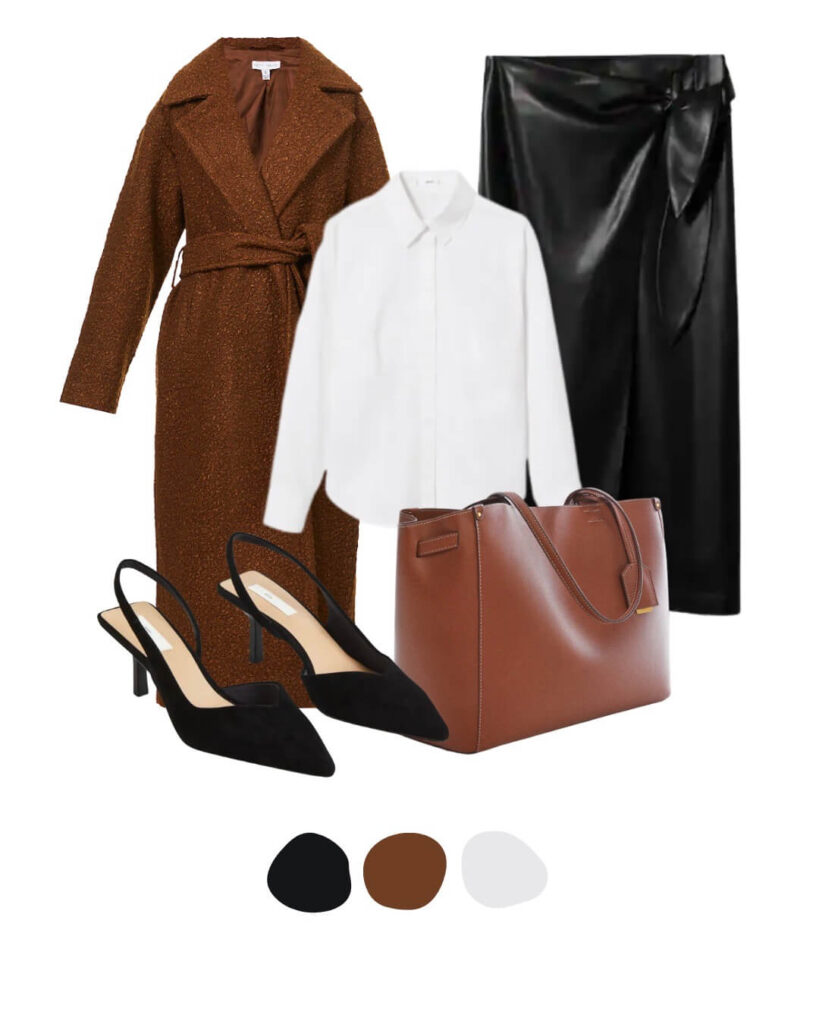 a leather midi skirt with a shirt and coat and brown bag and heels