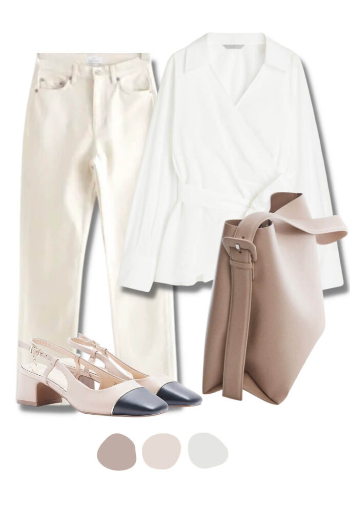 a shirt with white jeans and a bag and heels