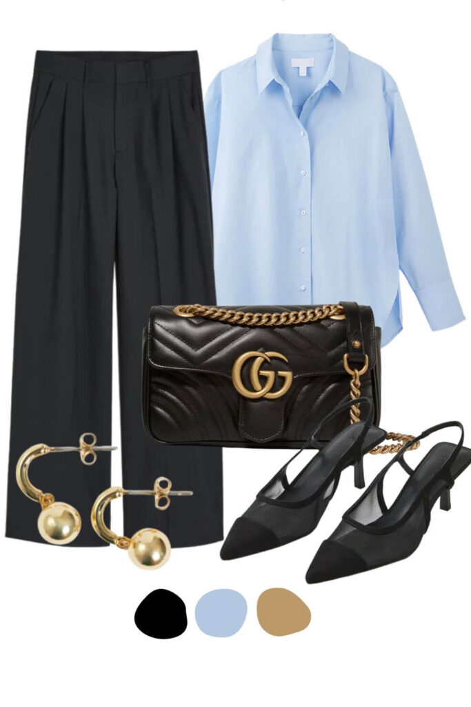 Gucci bag, trousers, heels