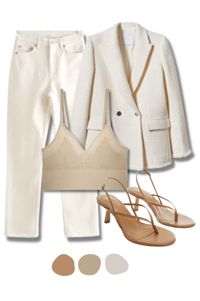 heels with a crop top and white jeans and blazer