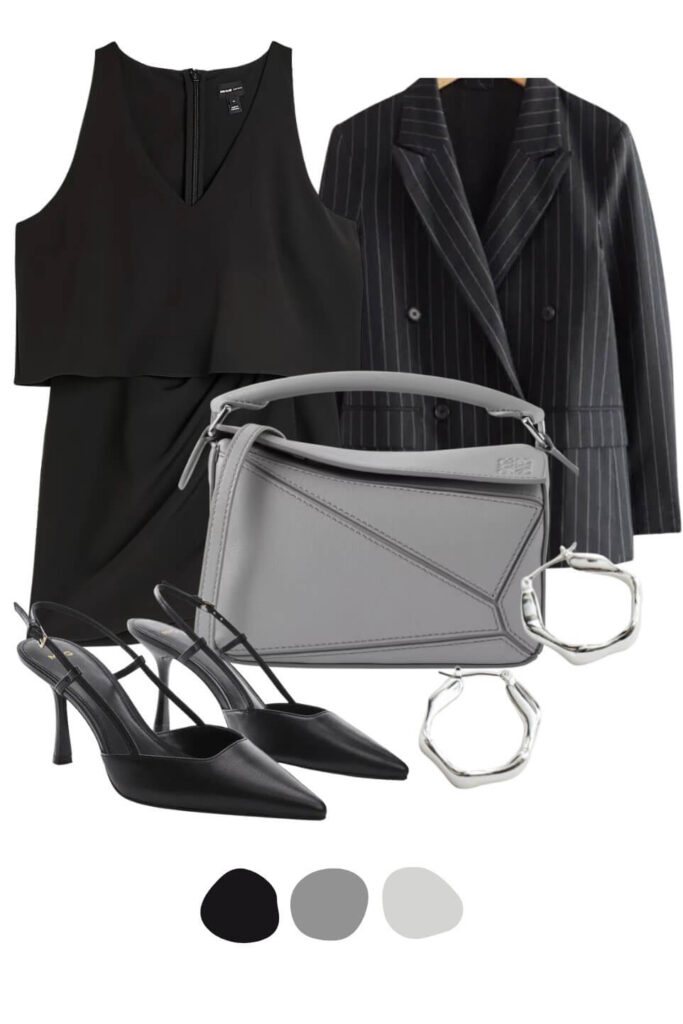 grey blazer outfit collage with heels and a grey luewe bag