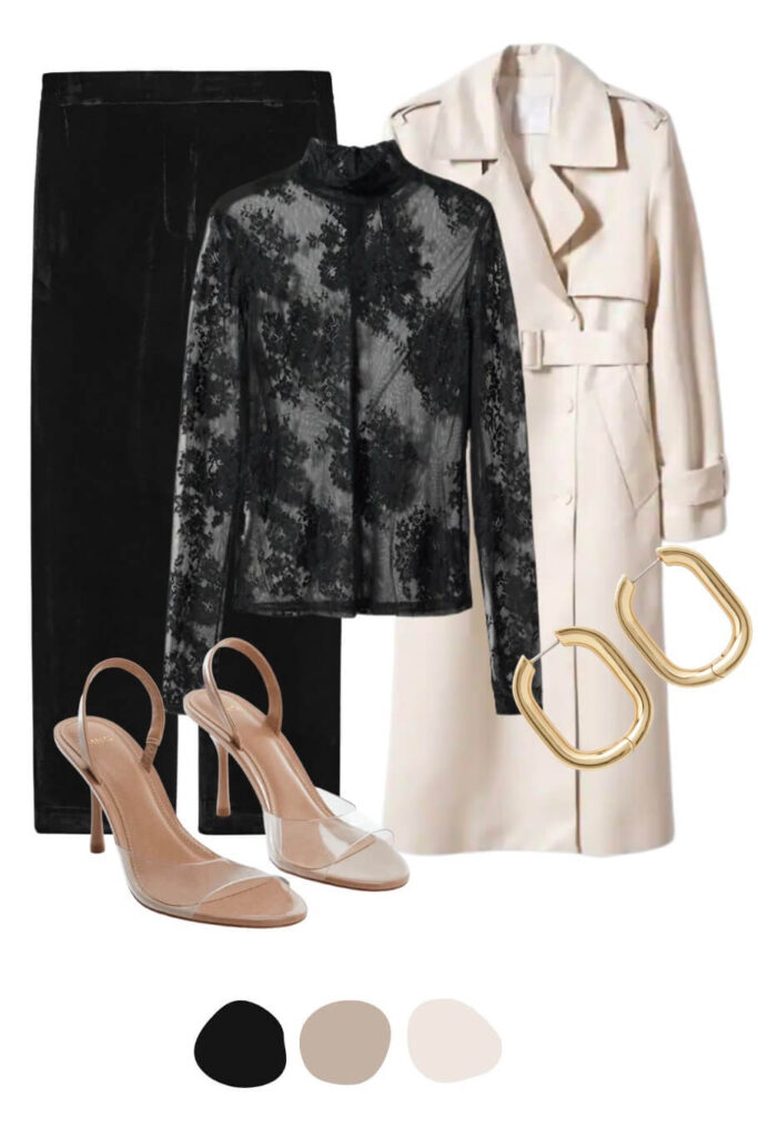 a coat with lace top and wide leg velvet trousers