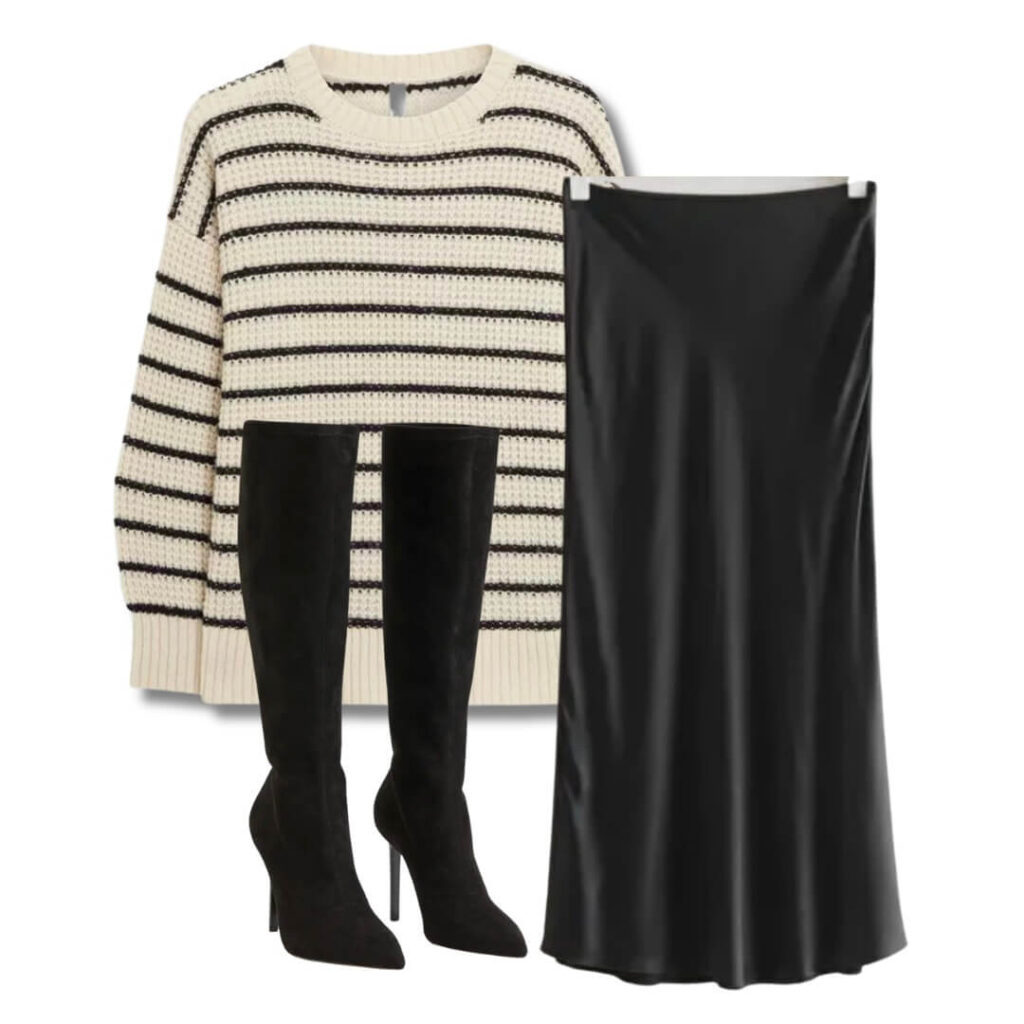 a skirt and striped jumper and leather boots