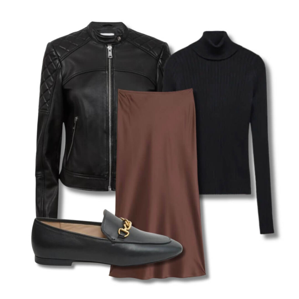 a black leather jacket with black polo and black loafers