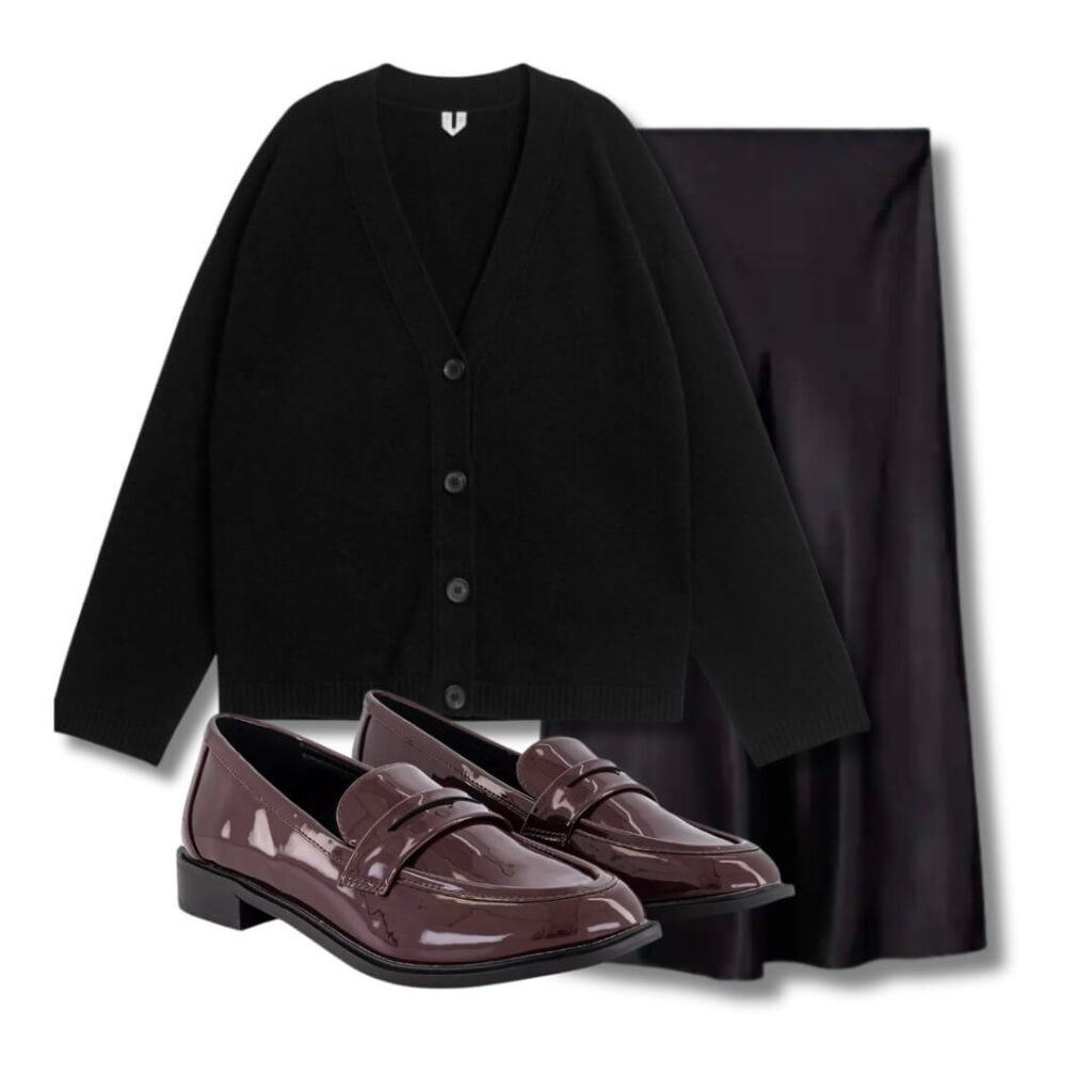 black cardigan and skirt with purple leather loafers