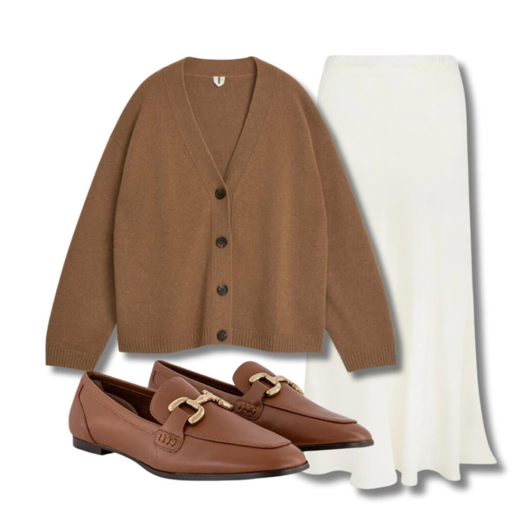 brown cardigan and white skirt with brown loafers